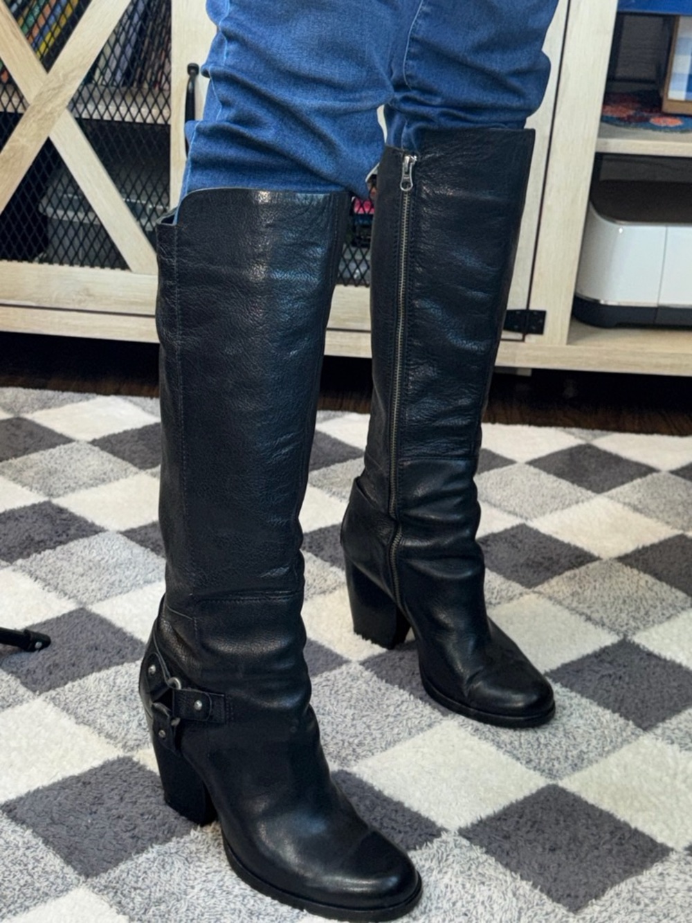 Kork-ease Women's Black Leather Knee-High Heeled Boots with Buckle Accent - Picture 7 of 9